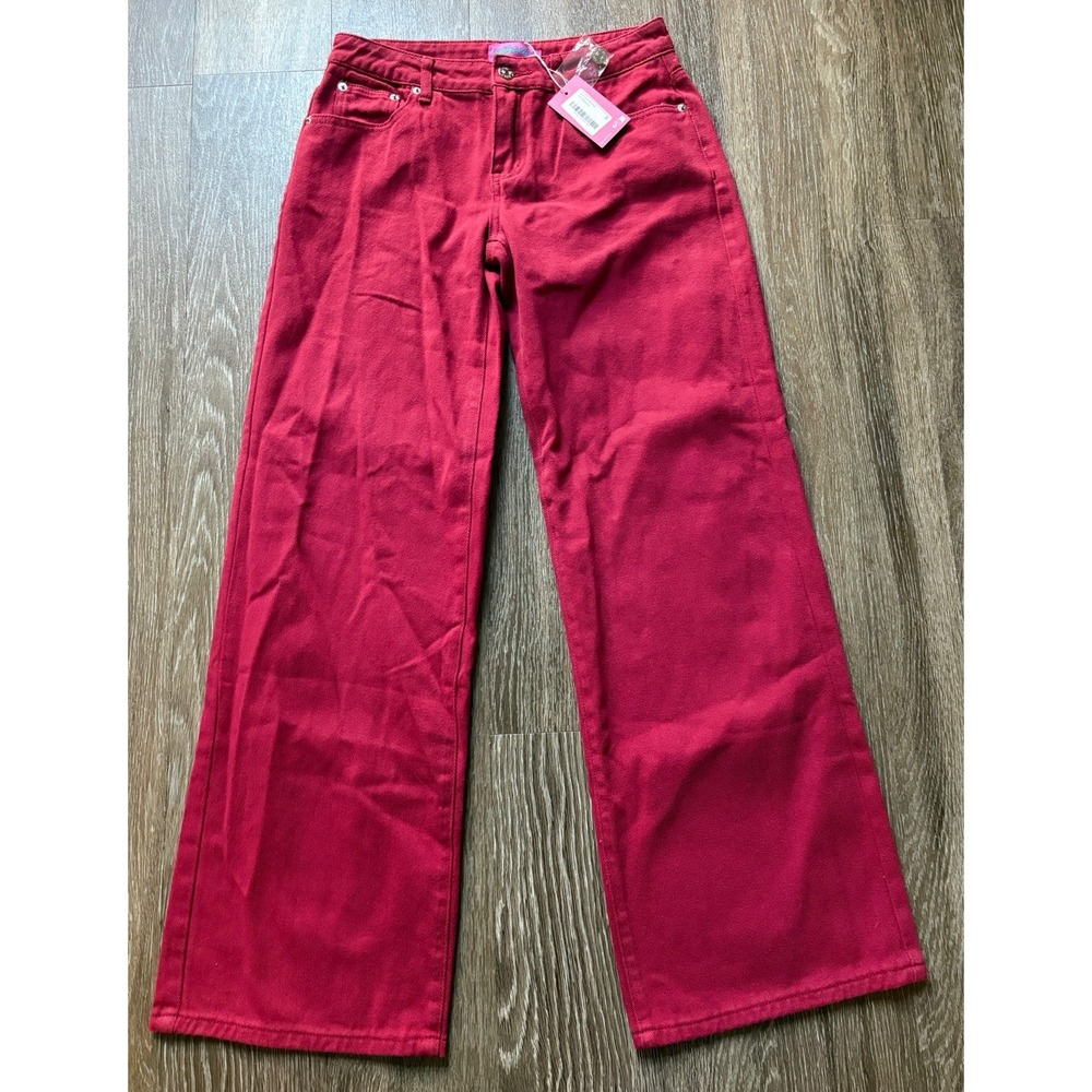 Edikted Medium Womens Low Rise Baggy Wide Leg Jeans pink/burgundy Wash w/Tag